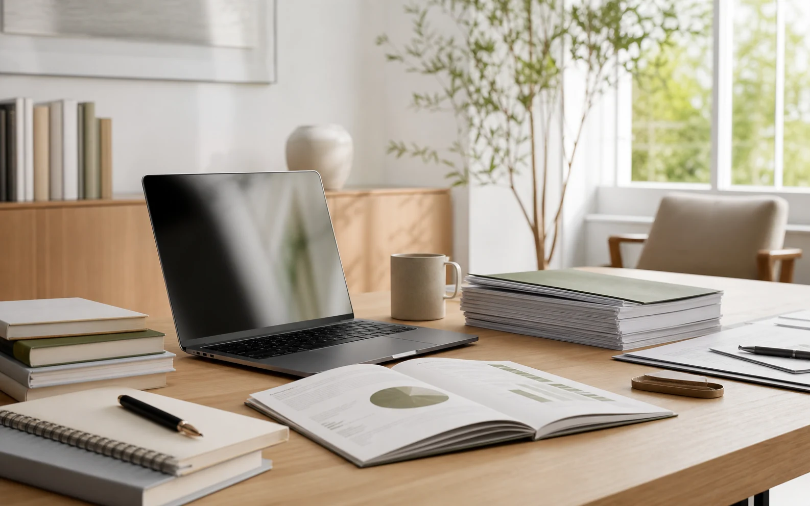 Escritorio profesional con portátil, documentos, guías y material de consulta